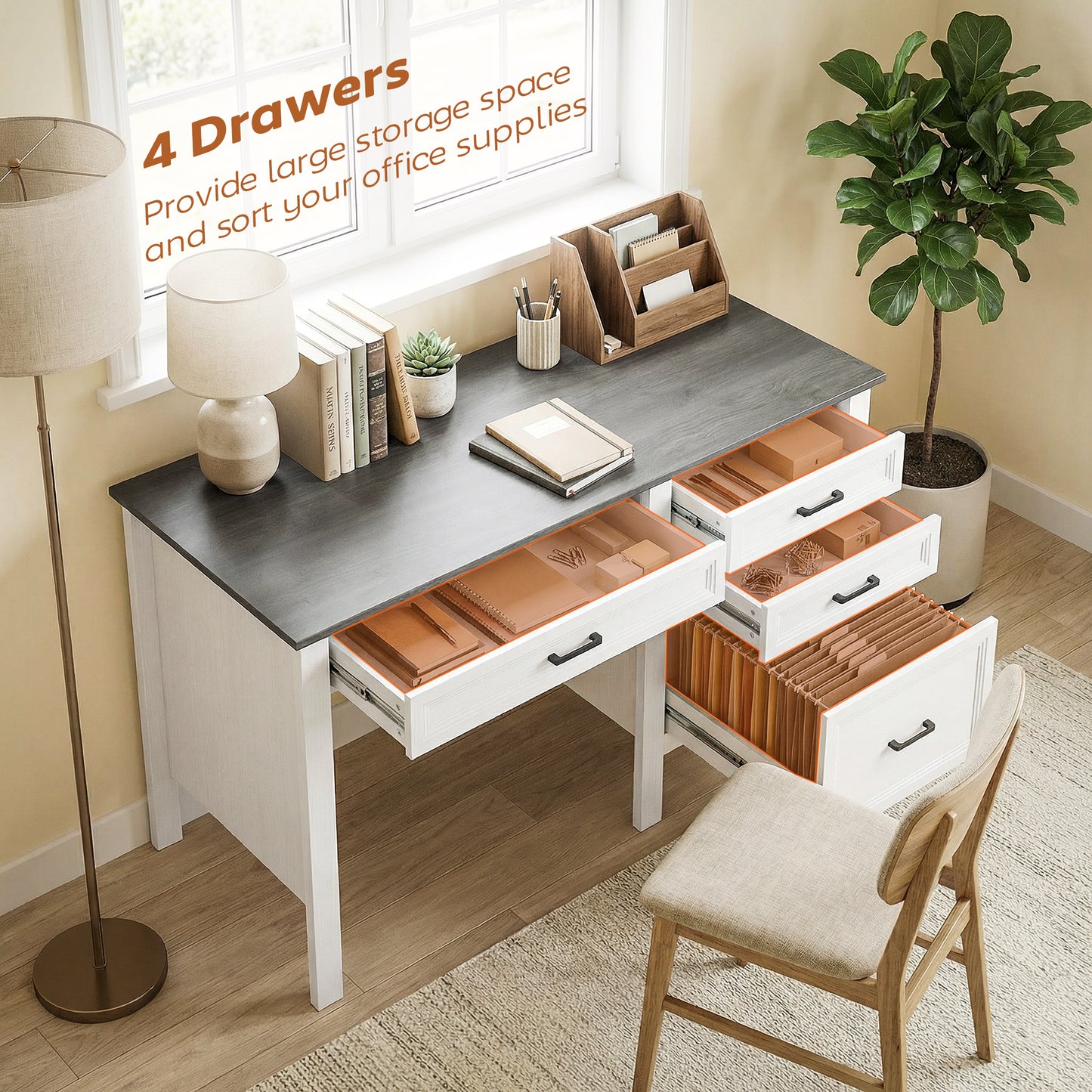 54" Farmhouse Executive Desk, Computer Desk with Drawers, Adjustable Hanging Rails for for A4/Letter Size Files, White