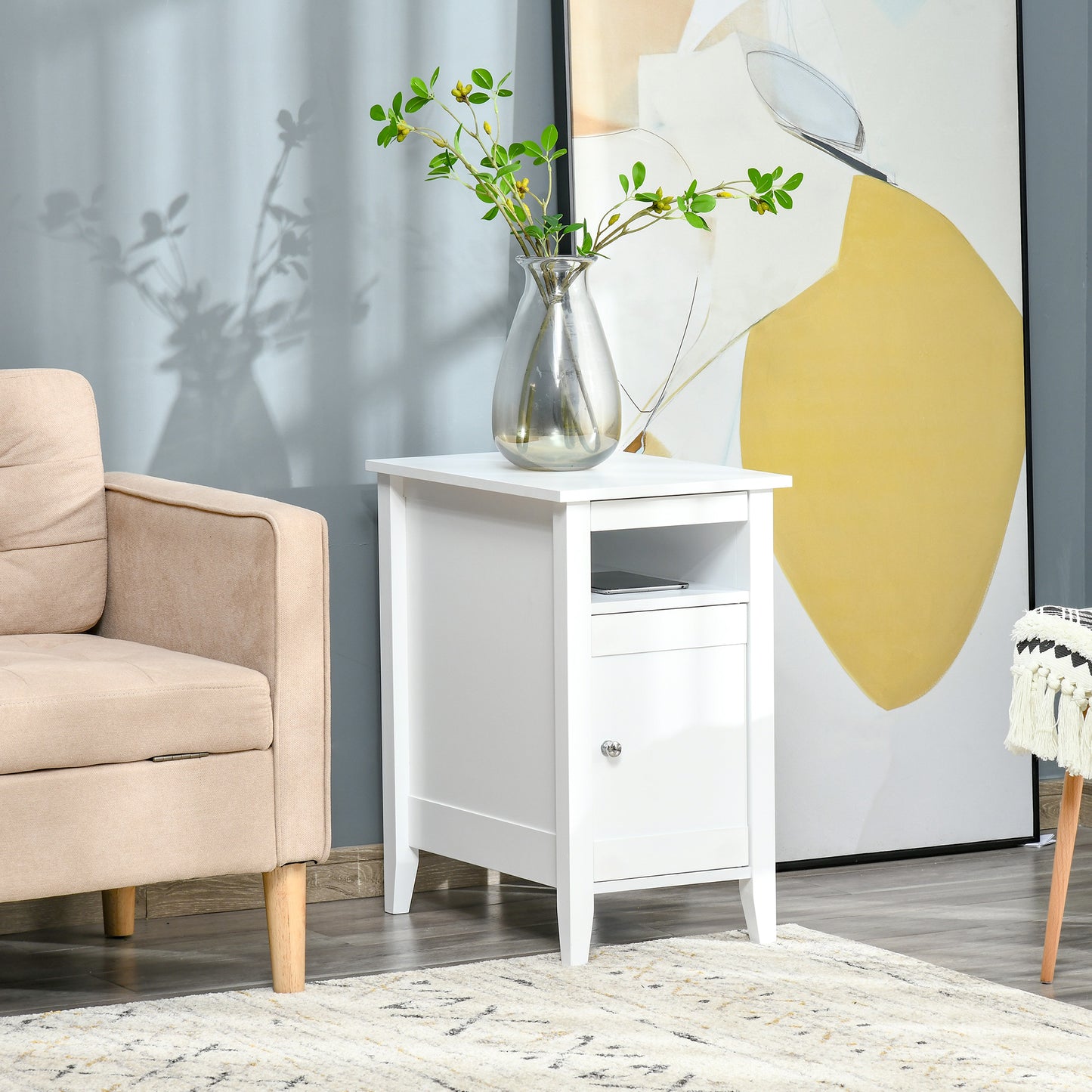 Wooden 3-Tier Modern Nightstand with Pullout Shelf, Adjustable Open Shelf, and Door Cabinet, White