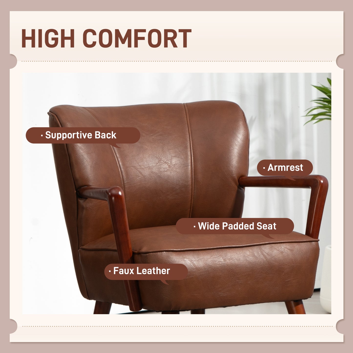 Accent Chair, Modern Armchair, Faux Leather Upholstered Living Room Chair with Wood Legs and Wide Padded Seat, Brown