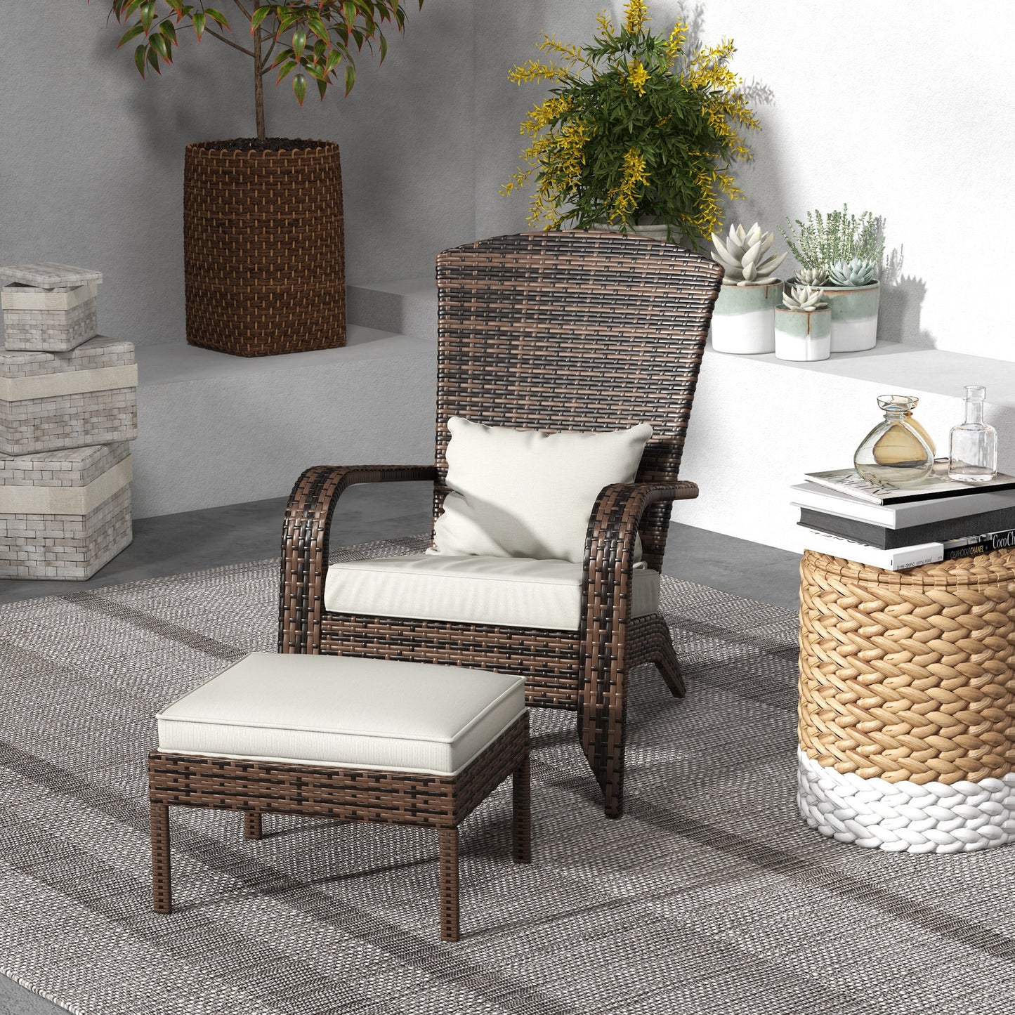 Wicker Adirondack Chair with Ottoman, Patio Cushioned Muskoka Chair with Armrests Brown/Cream White