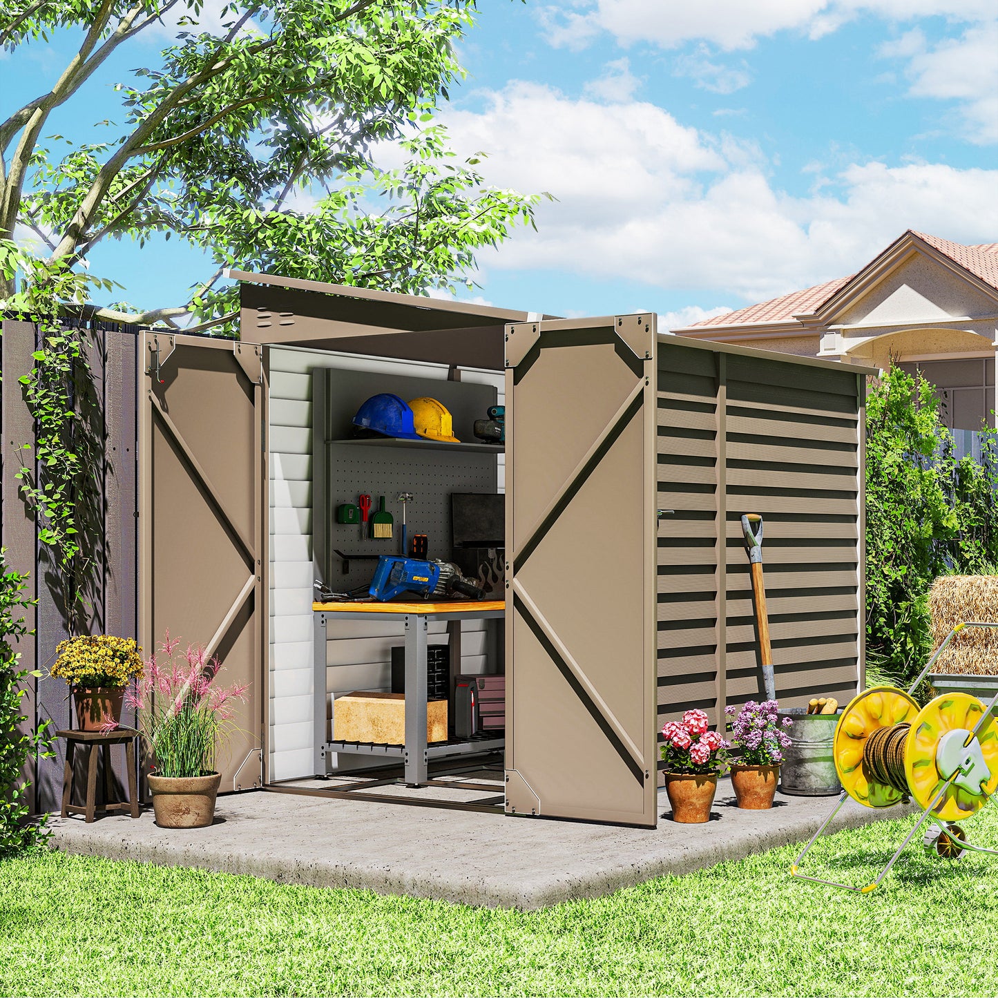 4.6' x 9' Steel Outdoor Storage Shed, Lean to Shed, Metal Tool House with Foundation Kit, Lockable Doors, Gloves and 2 Air Vents for Backyard, Patio, Lawn, Brown