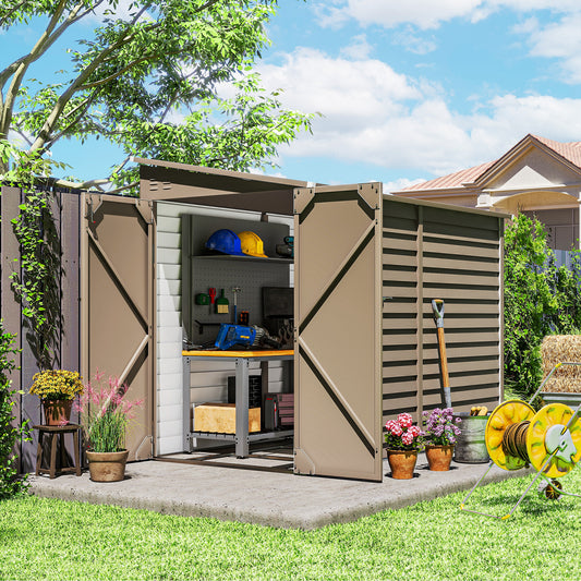 4.6' x 9' Steel Outdoor Storage Shed, Lean to Shed, Metal Tool House with Foundation Kit, Lockable Doors, Gloves and 2 Air Vents for Backyard, Patio, Lawn, Brown