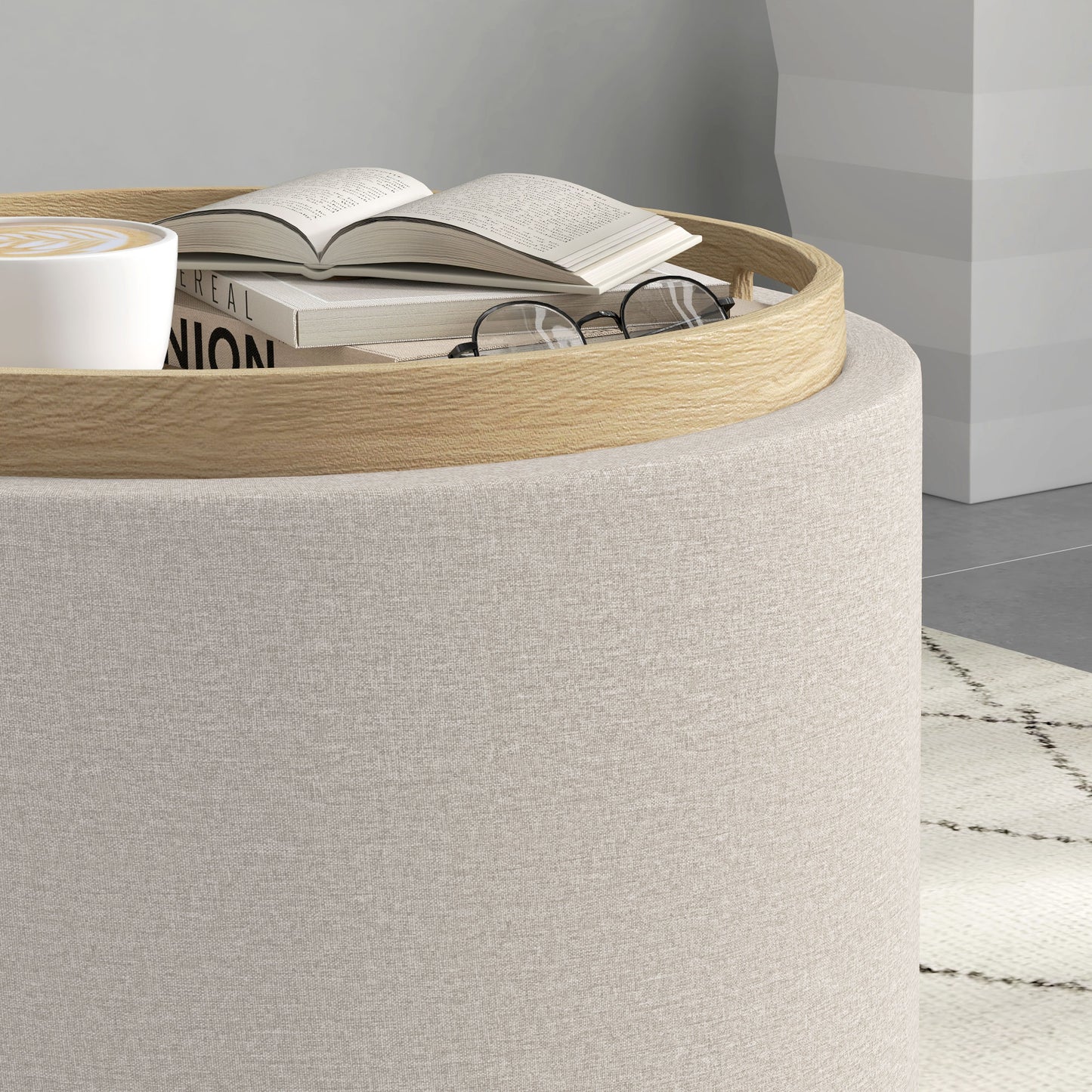 Round Coffee Table, End Table with Hidden Storage and Tray Top, Linen Upholstered Footrest for Living Room