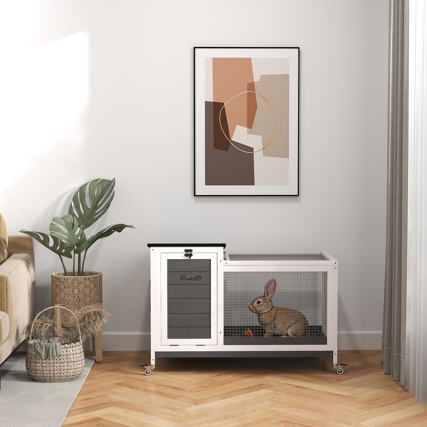 Wooden Rabbit Hutch with Pull-Out Tray, Asphalt Openable Roof, Small Animal Cage on Wheels with Run, Grey
