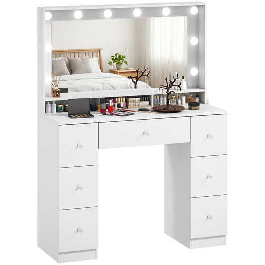 LED Vanity Desk with 7 Drawers and Charging Station - White
