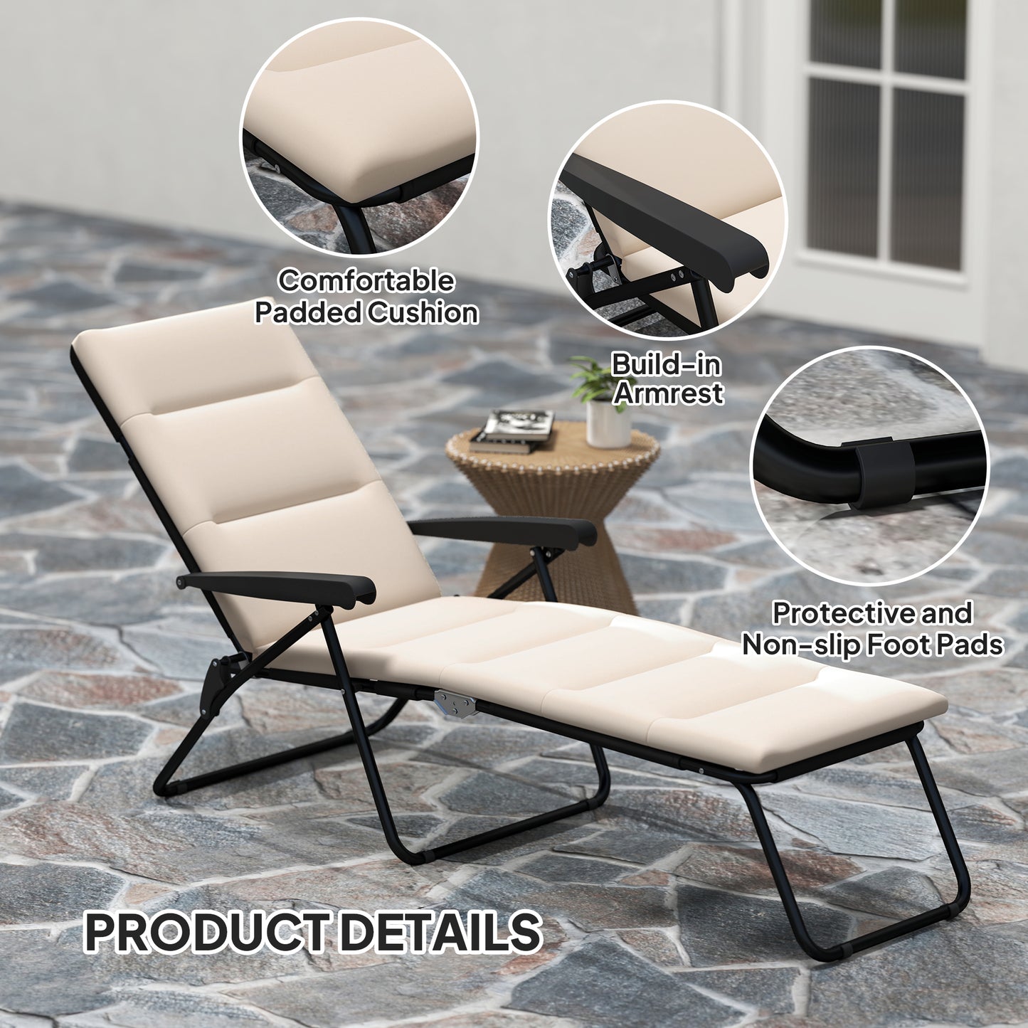 Foldable Lounge Chair, Reclining Patio Sun Lounger with 6-Position Adjustable Back, Black