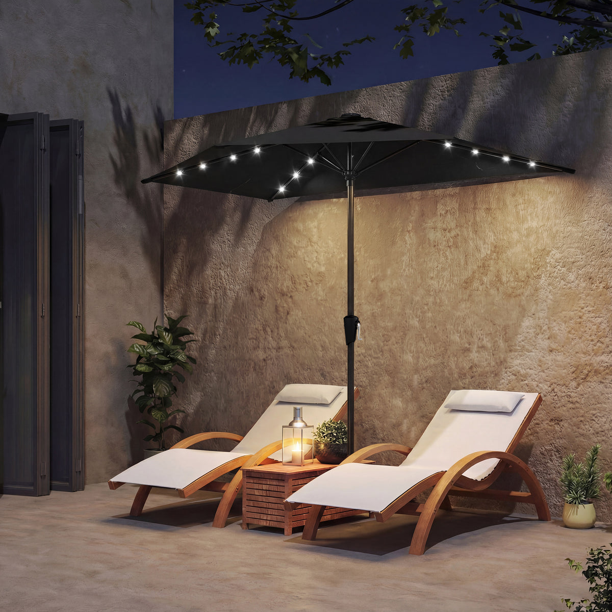 105.1" x 53.5" Black Half Patio Umbrella with Solar LED Lights