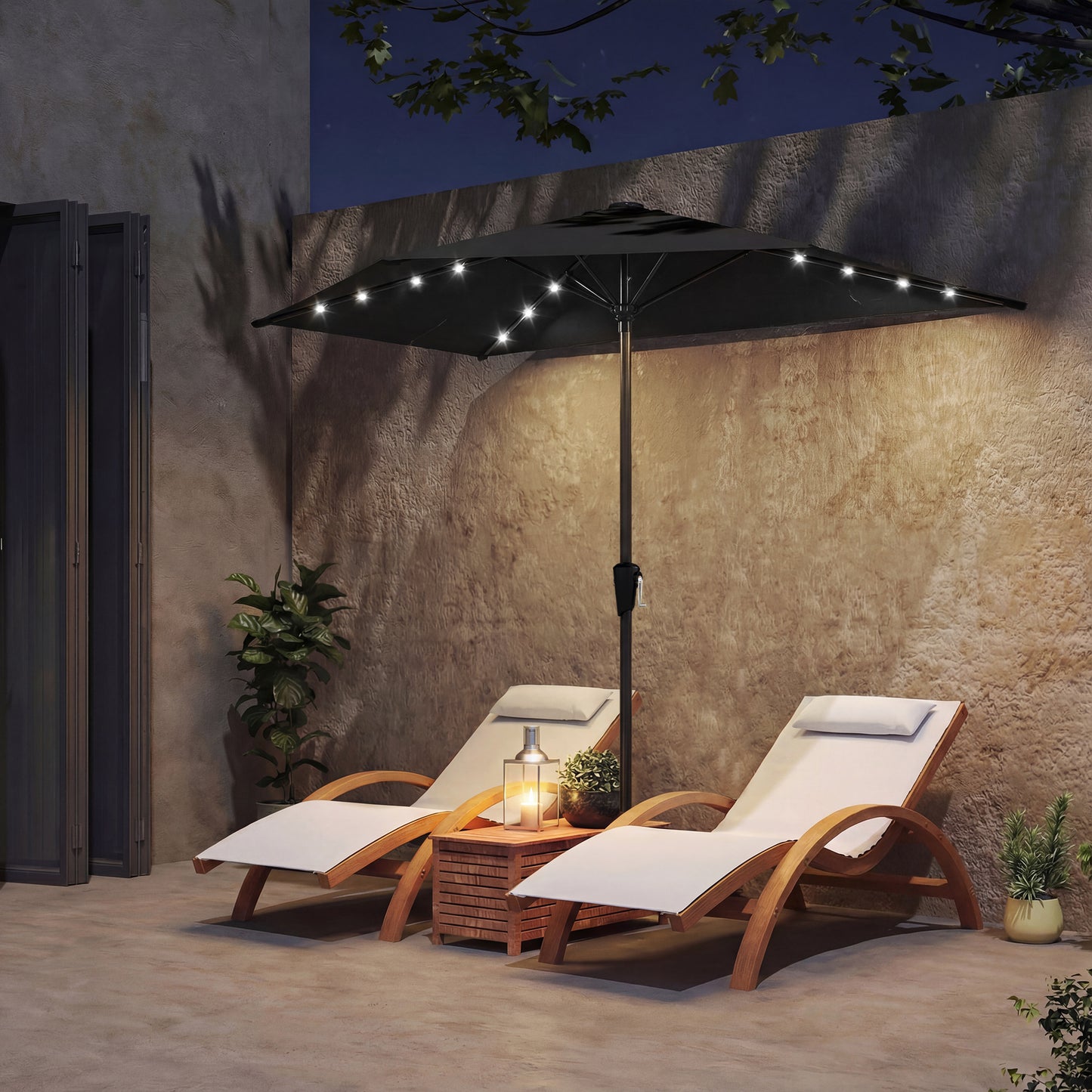 105.1" x 53.5" Black Half Patio Umbrella with Solar LED Lights