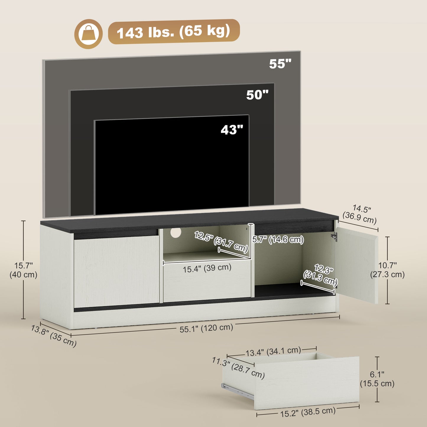 TV Stand for 43-55 Inch TV, Entertainment Center w/ Cabinets, Shelf, Drawer and Cable Management for Living Room, White