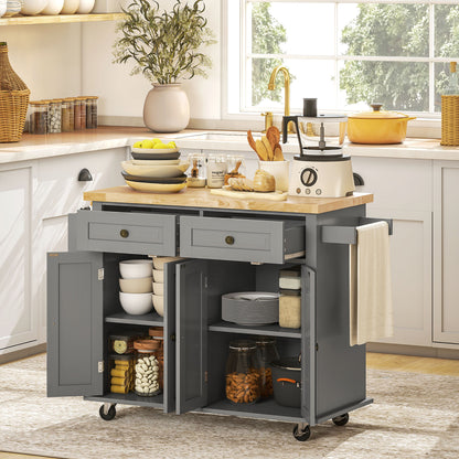Rolling Kitchen Island with Wood Top and Spice Rack - Grey
