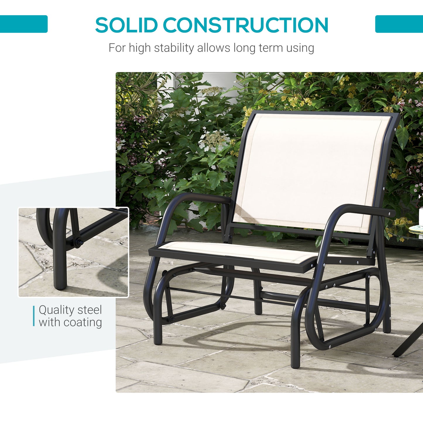 Patio Glider Outdoor Glider Chair with Breathable Mesh Seat & Backrest, Armrests and Metal Frame, Cream White