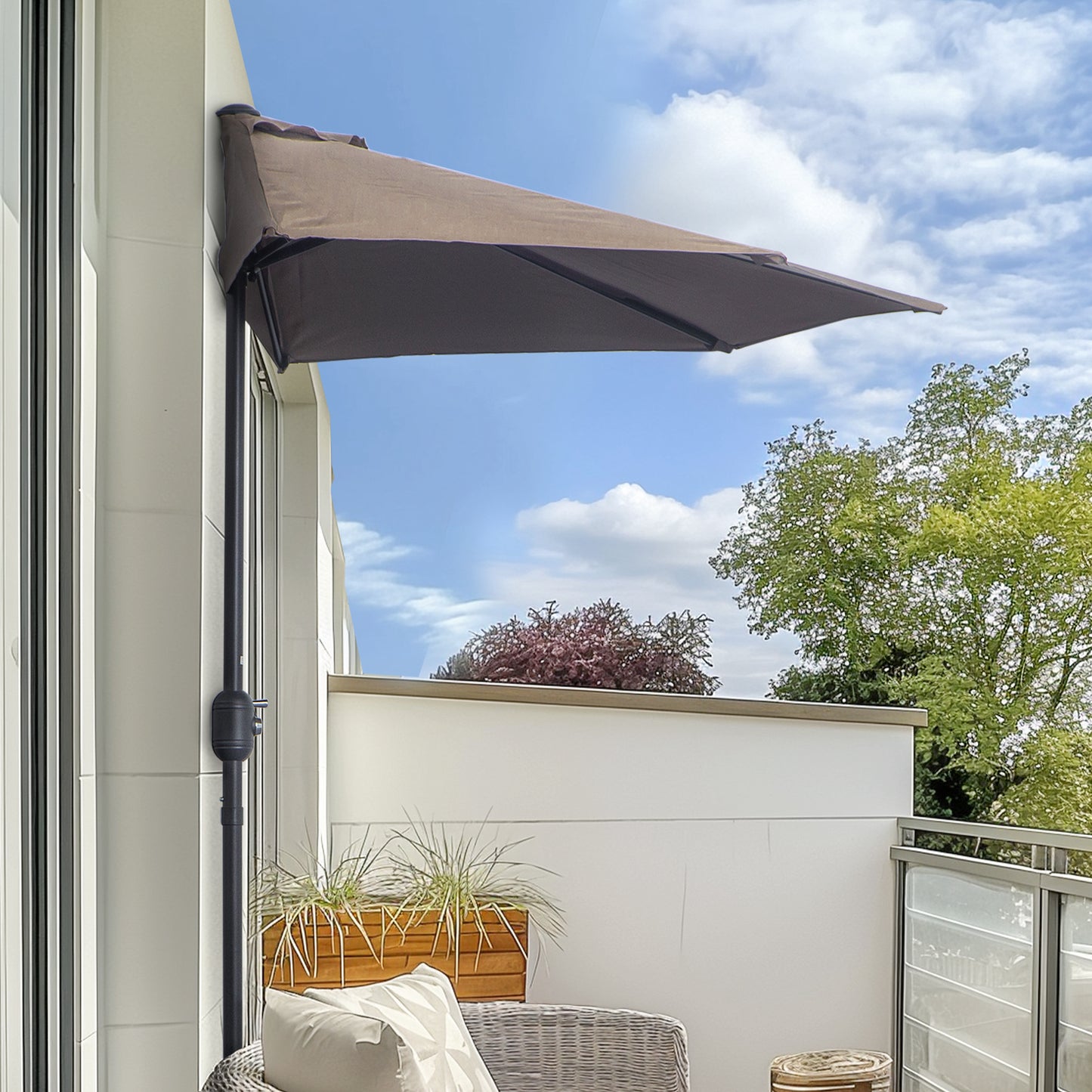9ft Half Round Umbrella Outdoor Patio Garden Balcony Parasol Window Sun Shade w/ 5 Ribs Coffee