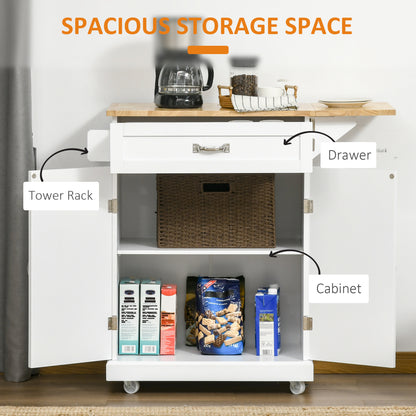 Foldable Rolling Kitchen Island with Drop-Leaf Top - White