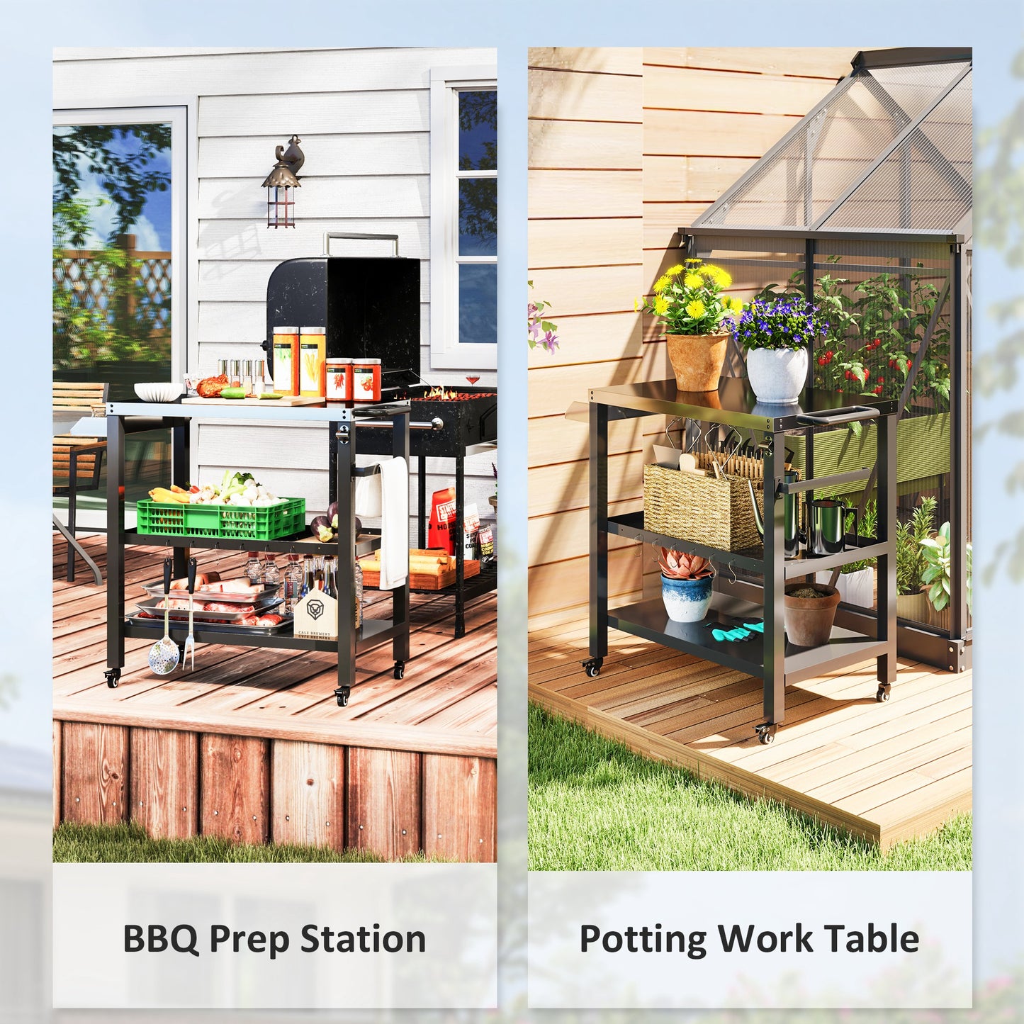 Outdoor Kitchen Bar Cart BBQ Table with Wheels, Stainless Steel Pizza Oven Stand, Movable Prep Table with Hooks