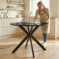 39" Dining Table, Contemporary Round Kitchen Table with Steel Legs, Black Wood Grain