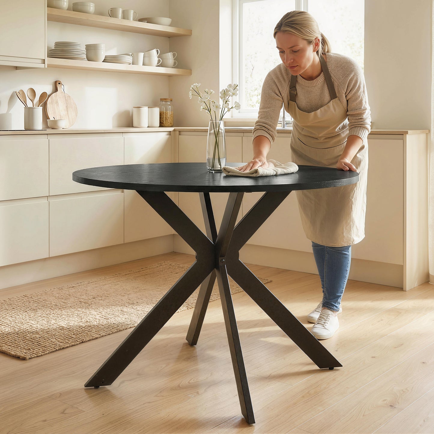 39" Dining Table, Contemporary Round Kitchen Table with Steel Legs, Black Wood Grain