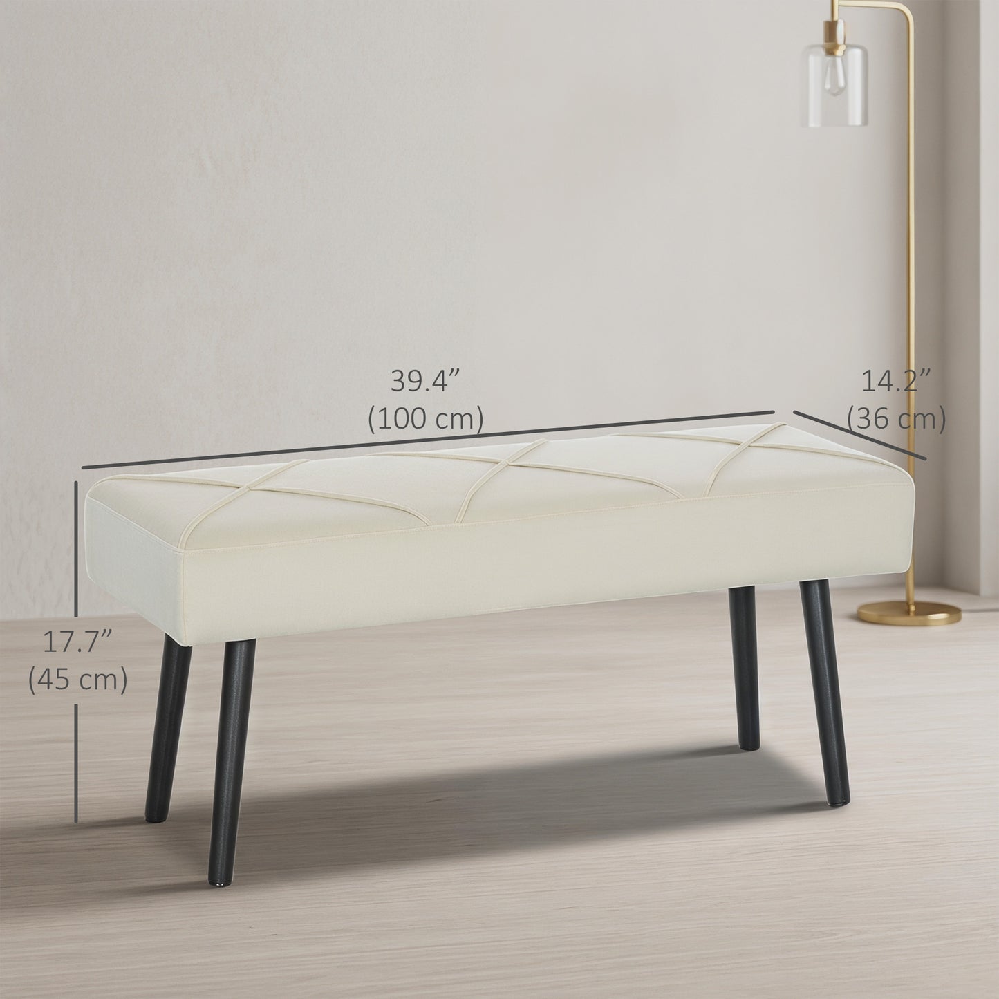 39 Inches Upholstered Bedroom Bench, Modern End of Bed Bench with Steel Legs, Cream White