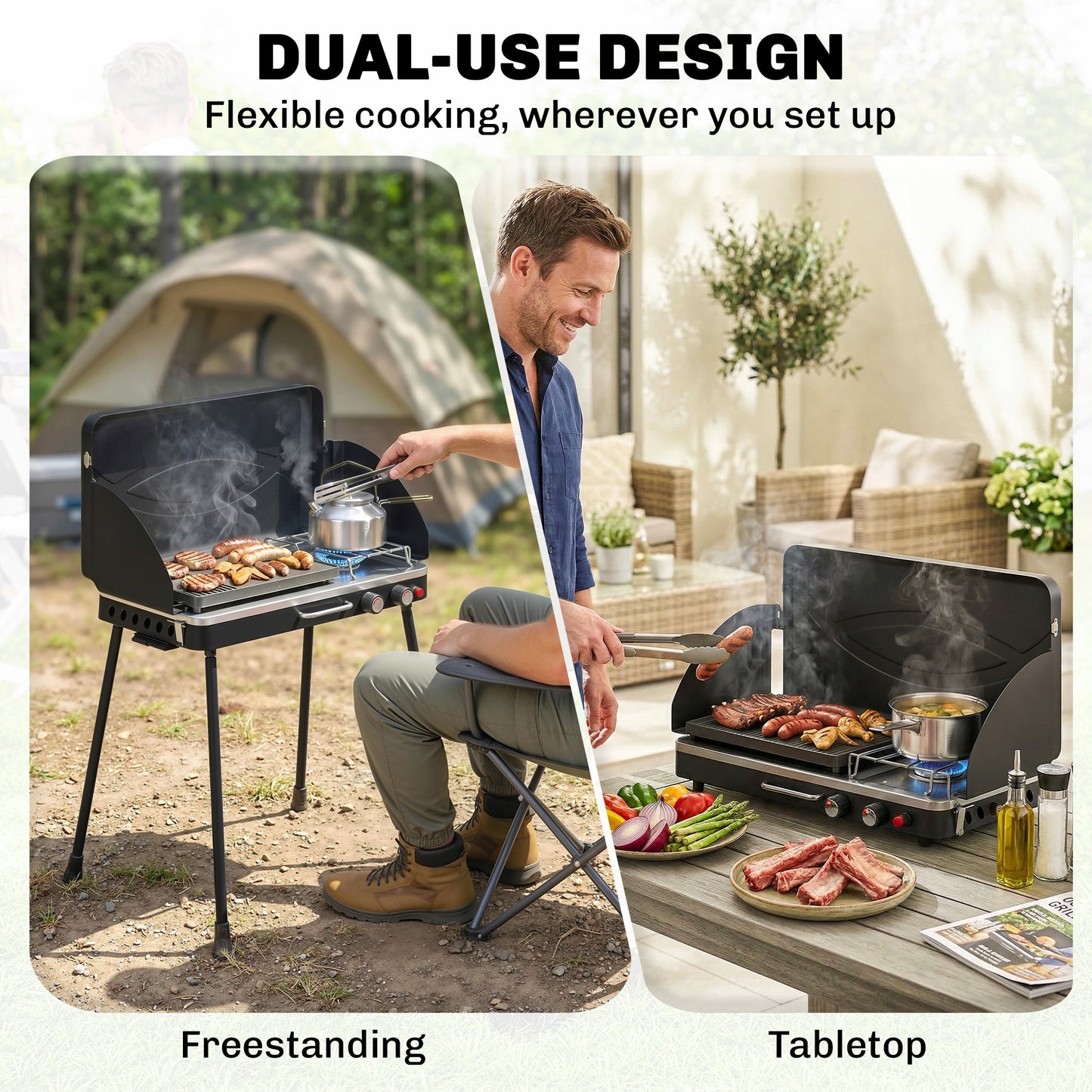 2-in-1 Camping Stove & Gas Griddle Combo, 20,000 BTU Portable Propane Grill with Detachable Legs, Wind Guards, Black
