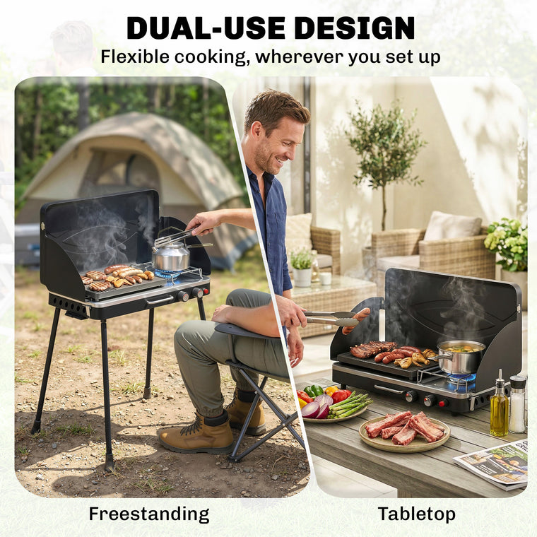 2-in-1 Camping Stove & Gas Griddle with Detachable Legs