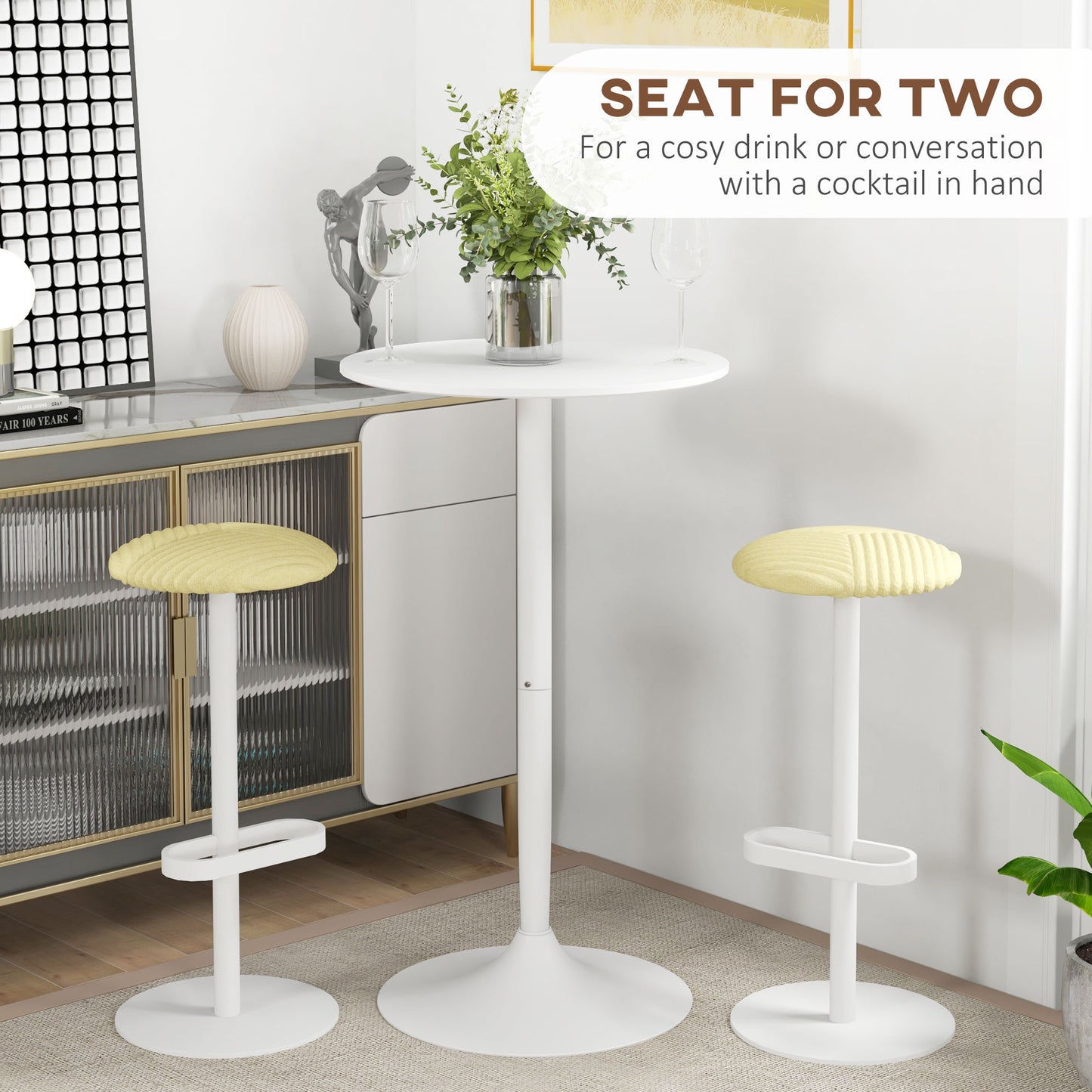 High Top Bar Table, Modern Round Dining Table with Painted Top and Steel Base, Bistro Table for 2 People, White