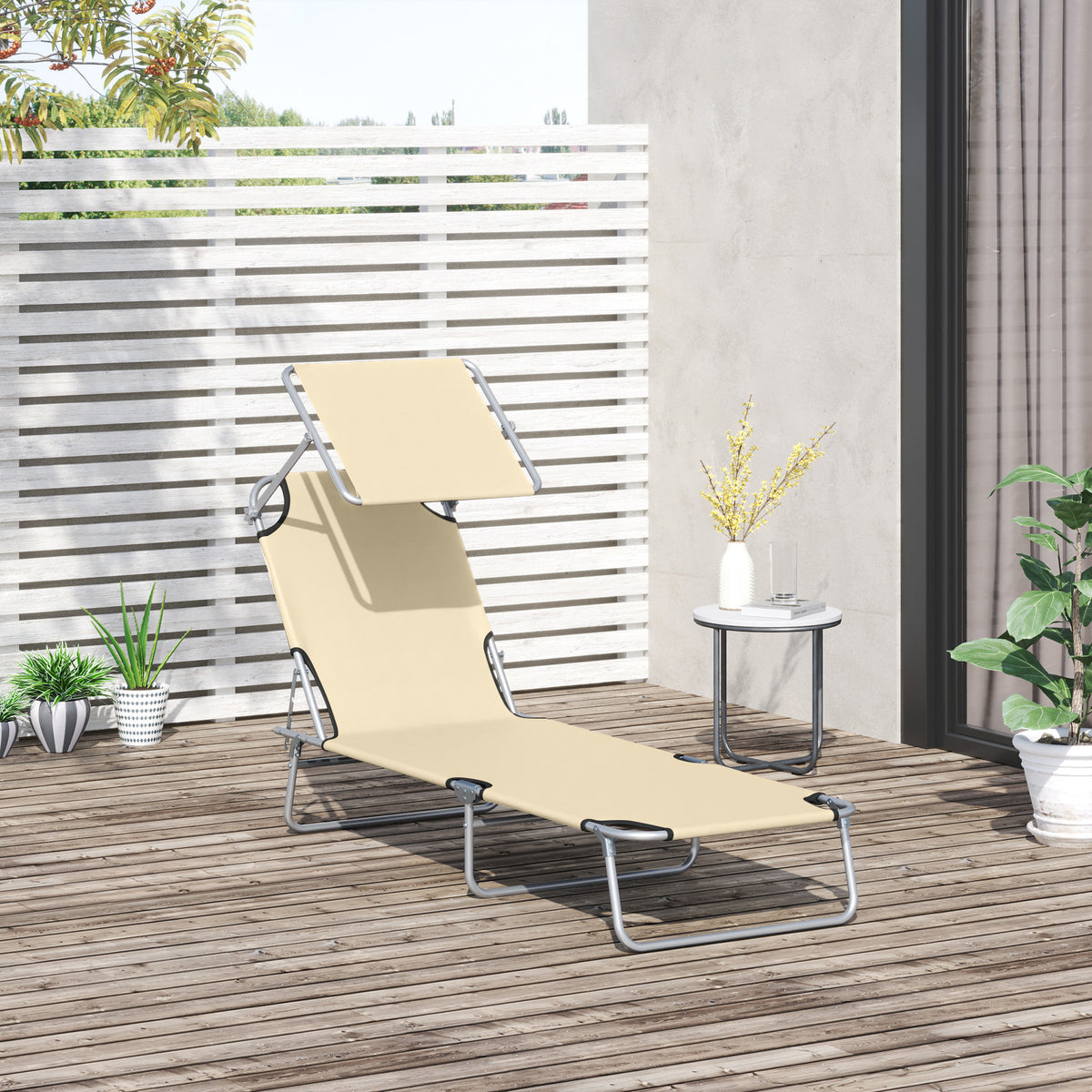 Outdoor Lounge Chair, Adjustable Folding Chaise Lounge, Tanning Chair with Sun Shade for Beach, Camping, Hiking, Backyard, Light Grey - Beige