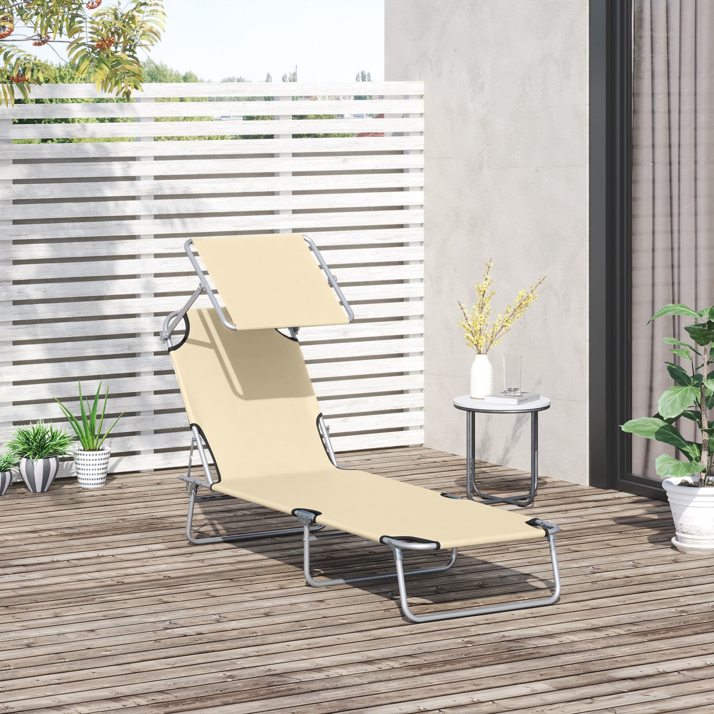 Outdoor Lounge Chair, Adjustable Folding Chaise Lounge, Tanning Chair with Sun Shade for Beach, Camping, Hiking, Backyard, Light Grey - Beige