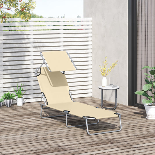 Outdoor Lounge Chair, Adjustable Folding Chaise Lounge, Tanning Chair with Sun Shade for Beach, Camping, Hiking, Backyard, Light Grey - Beige