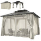 10' x 12' Outdoor Gazebo Canopy, Double Roof Hardtop Gazebo with Polycarbonate Roof, Steel Frame, Nettings and Curtains