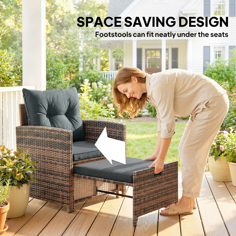 5-Piece Wicker Set with Ottomans & Glass Table - Brown/Dark Grey