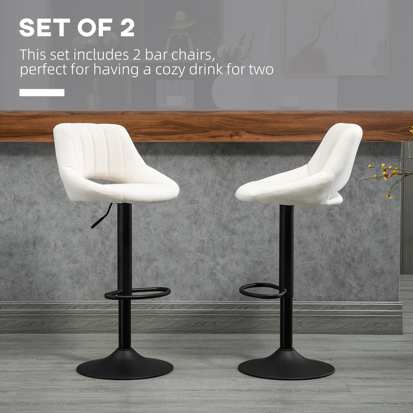 Bar Stools Set of 2, Swivel Counter Height Barstools with Adjustable Height, Linen Upholstered Bar Chairs with Round Metal Base and Footrest, Cream