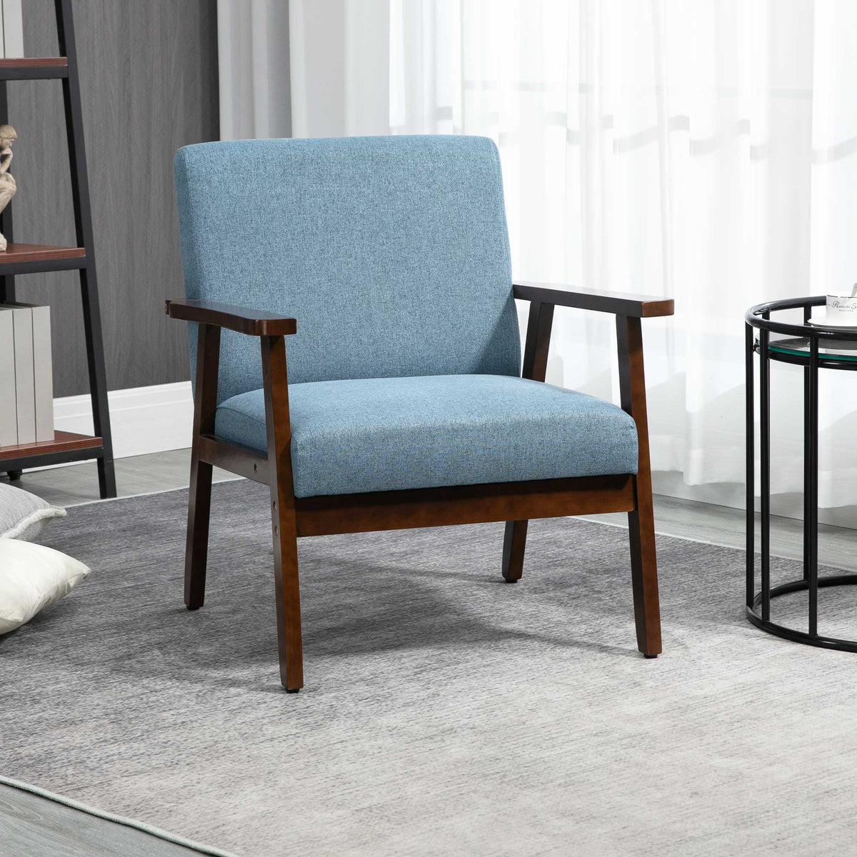 Accent Chairs with Cushioned Seat, Upholstered Linen-Feel Armchair with Adjustable Feet for Bedroom, Living Room, Blue