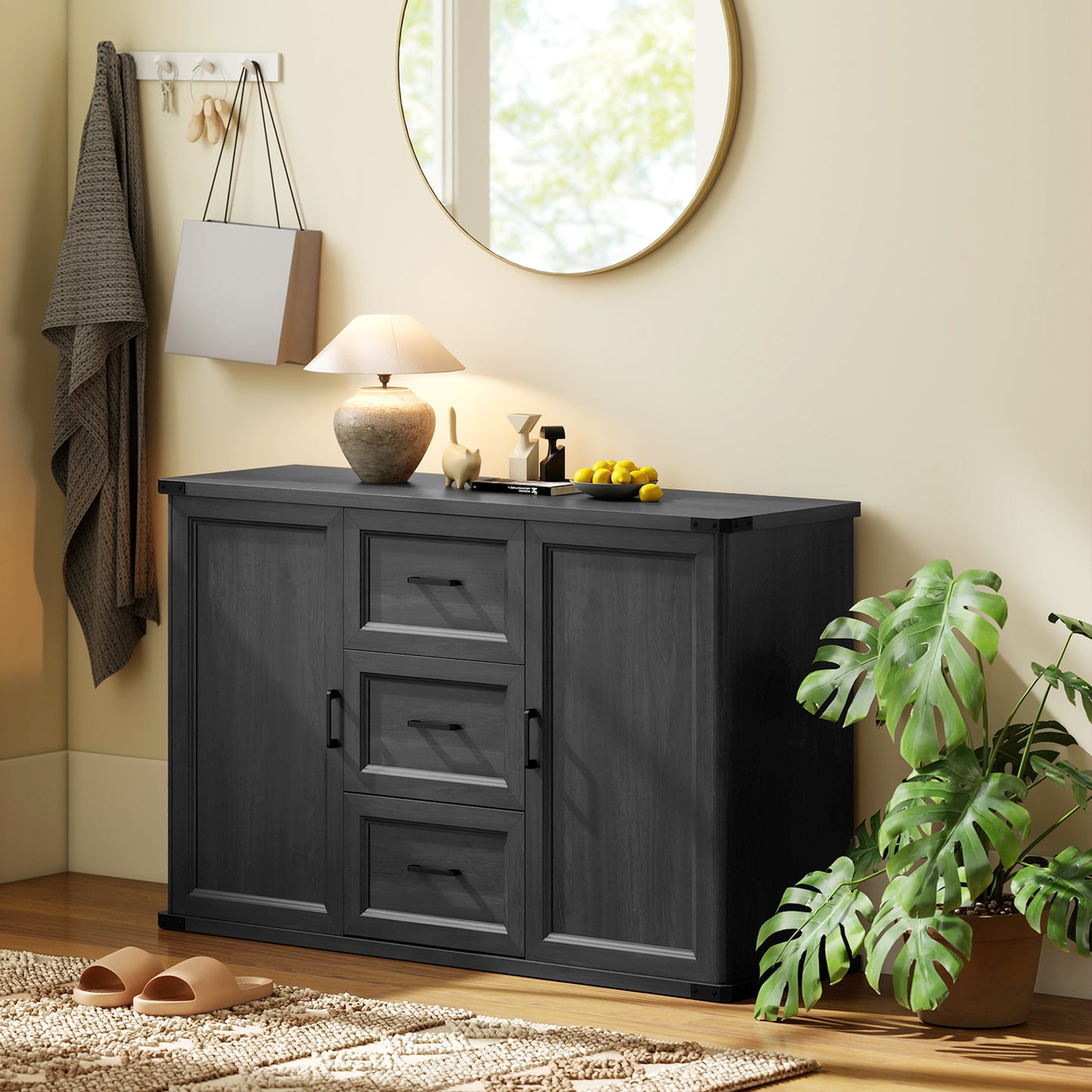 Sideboard with 3 Drawers and 2 Doors, 47" Buffet Cabinet with Adjustable Shelves for Kitchen, Black Wood Grain