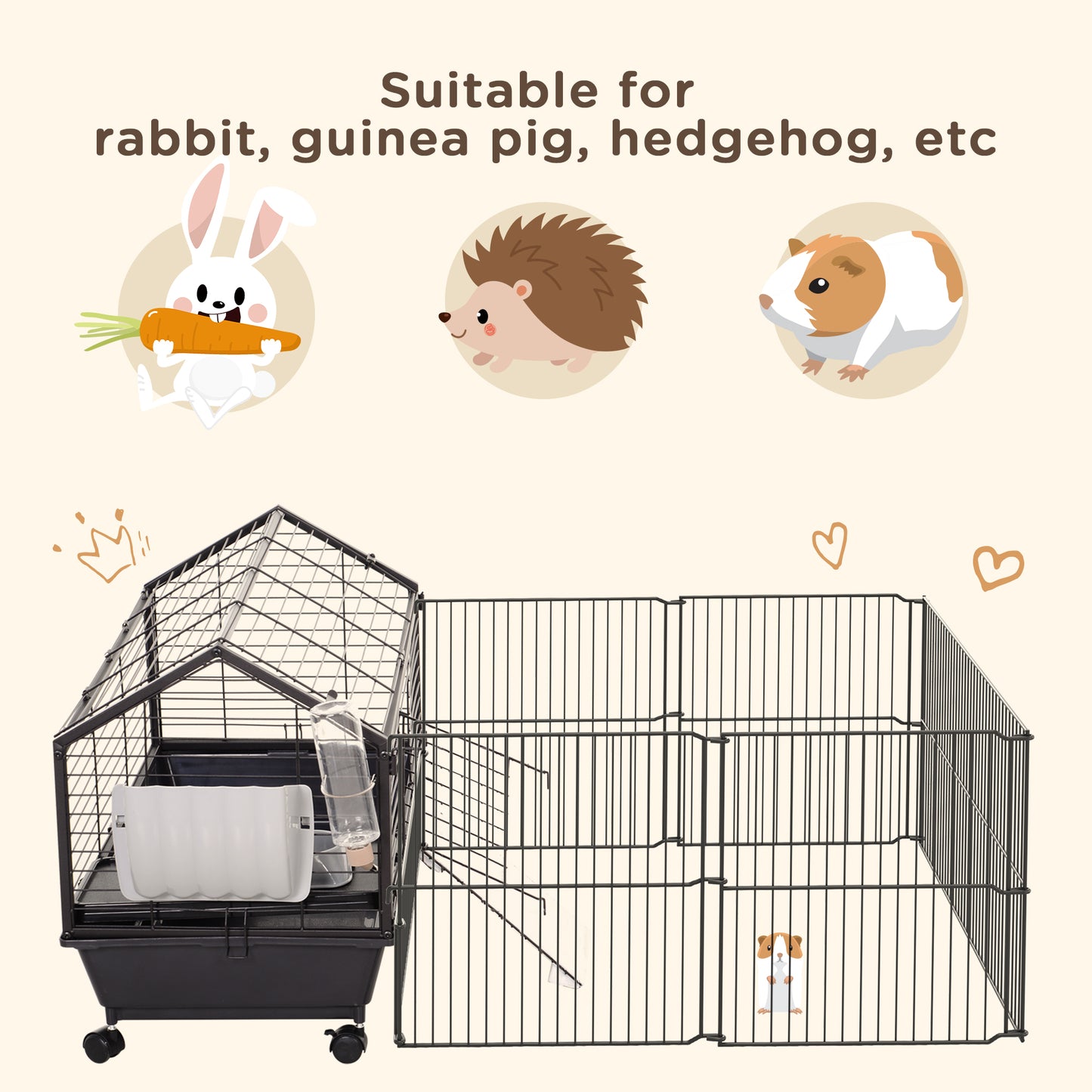 Guinea Pig Cage with Foldable Detachable Playpen, Rolling Rabbit Chinchilla Hedgehog Bunny Cage Small Animal Habitat with Water Bottle, Hay Feeder