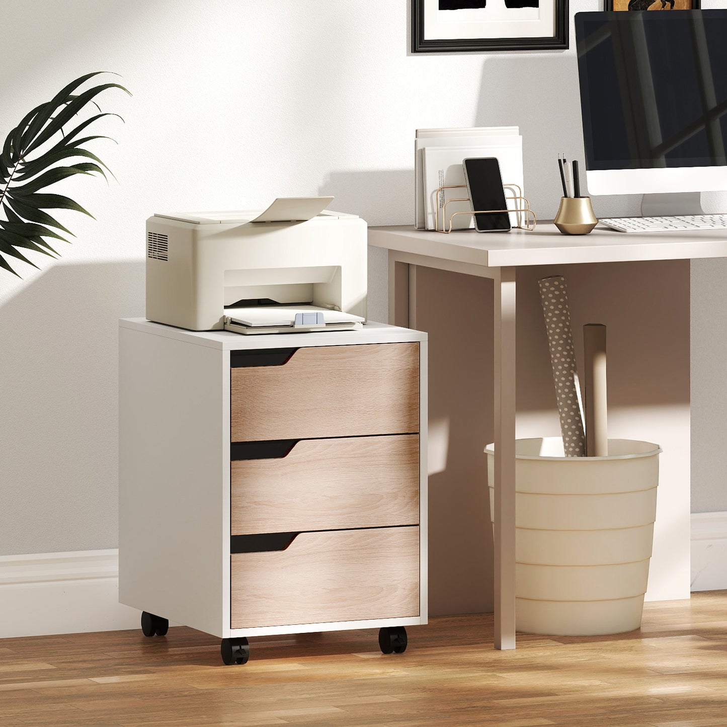 3 Drawer File Cabinet, Mobile Vertical Filing Cabinet with Wheels, Printer Stand with Storage for Home Office, Oak