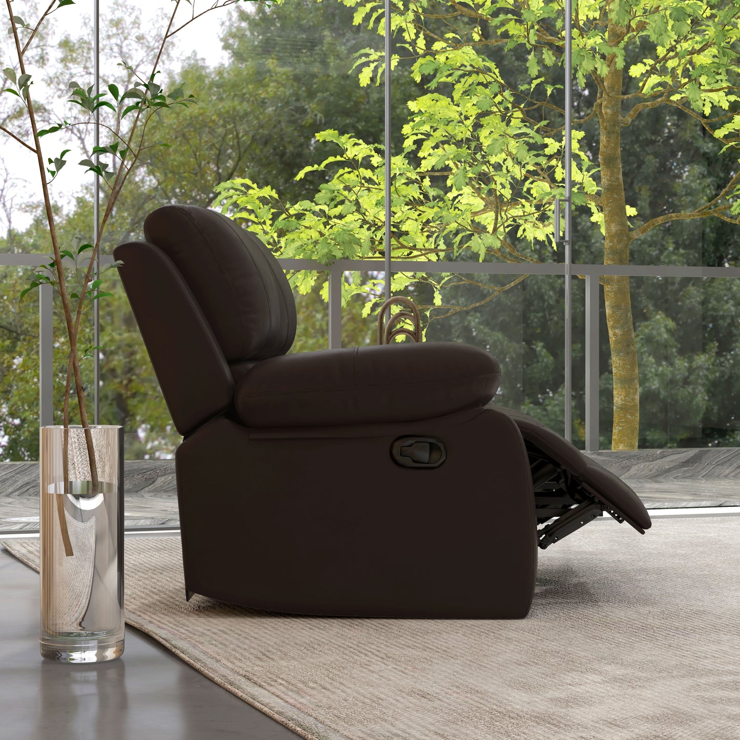 Reclining Loveseat Sofa with Pullback Control Footrest, Leather Manual Recliner for Living Room, Easy Cleaning & Assembly, Brown