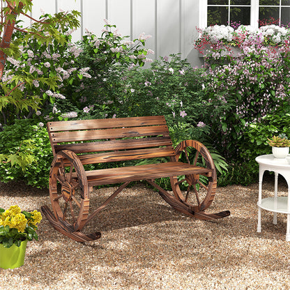 Carbonized Wood Rocking Bench with Wagon Wheel Armrests