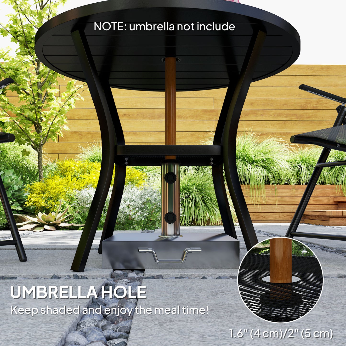 35.5" Round Outdoor Dining Table for 4, Metal Garden Patio Table with 1.6"-2" Umbrella Hole, Shelf, Slatted Top, Black