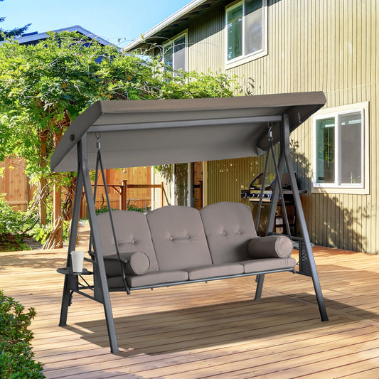 3 Seater Porch Swing Heavy Duty Outdoor Swing Chair Outdoor Lounge Hammock Cushioned Seat W/ Tilt Canopy, Brown