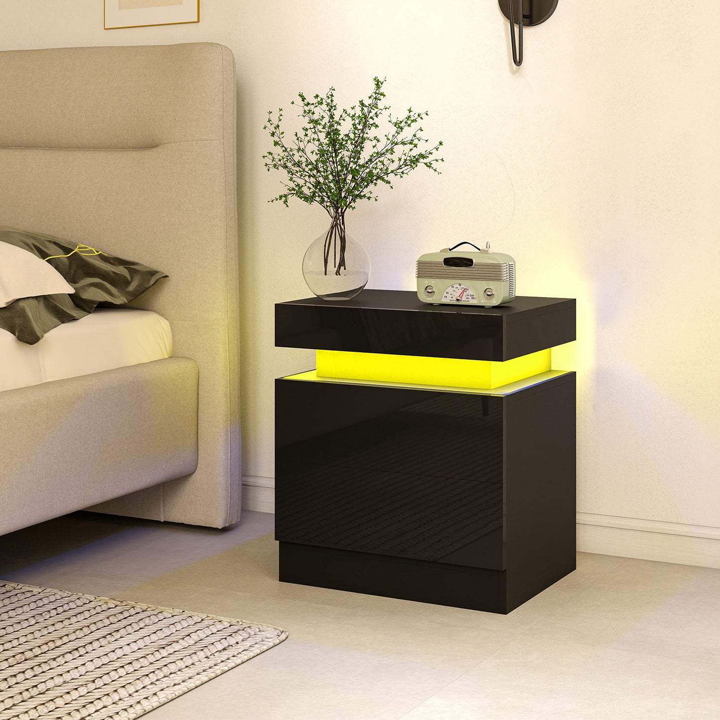 Nightstand Set of 2, End Side Tables with LED Lights, Bedside Tables with 2 Drawers, for Bedroom, Black