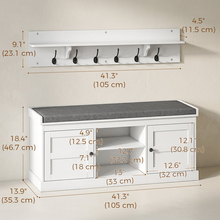Coat Rack Shoe Bench Set with 6 Hooks - White and Grey