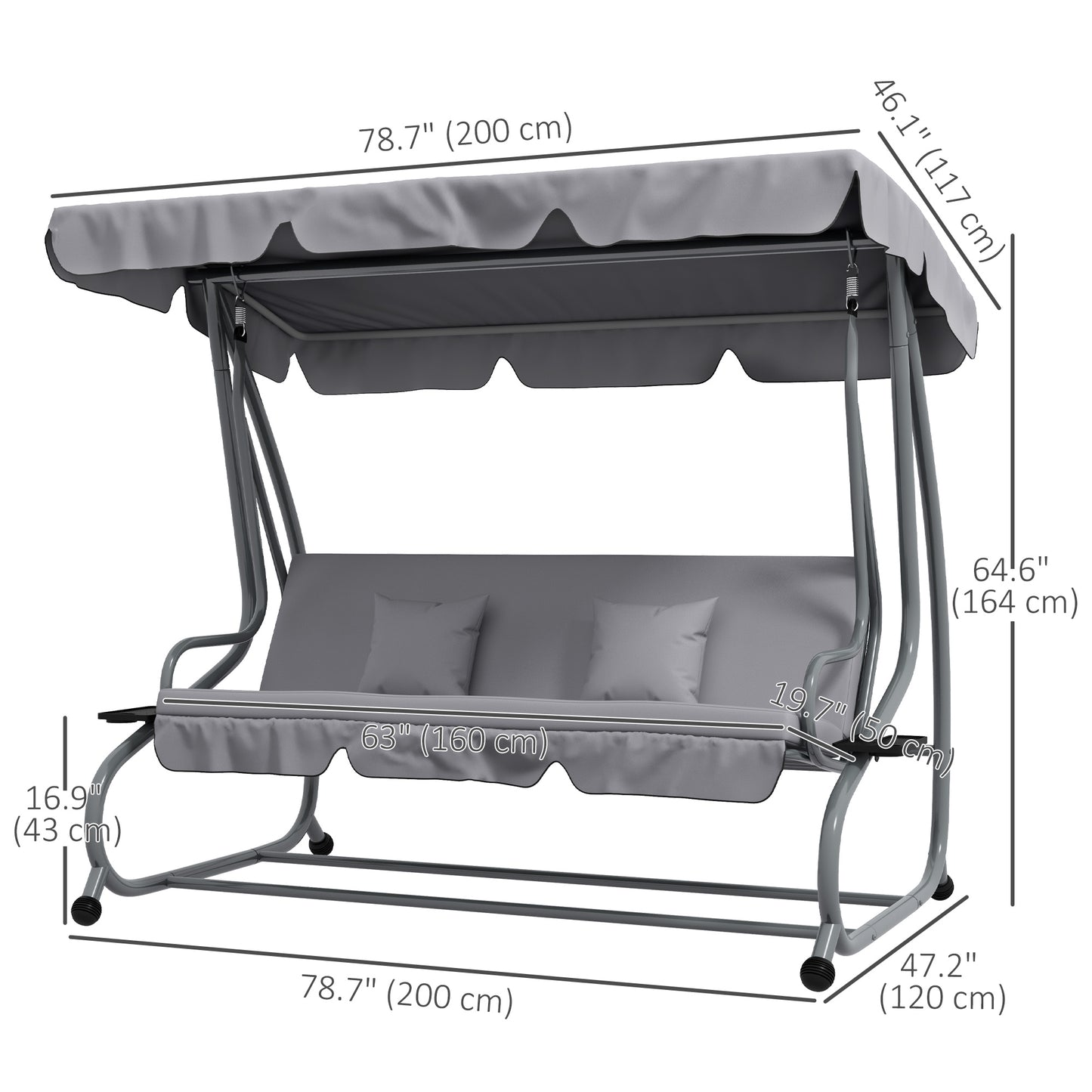 Outdoor 3-Seater Patio Swing Chair, Outdoor Swing Seat, with Adjustable Canopy and Two Pillows for Garden, Light Grey