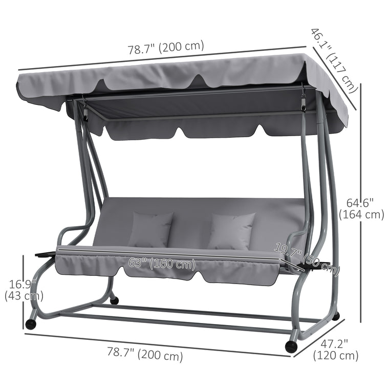 3-Seater Patio Swing Chair with Adjustable Canopy & Pillows