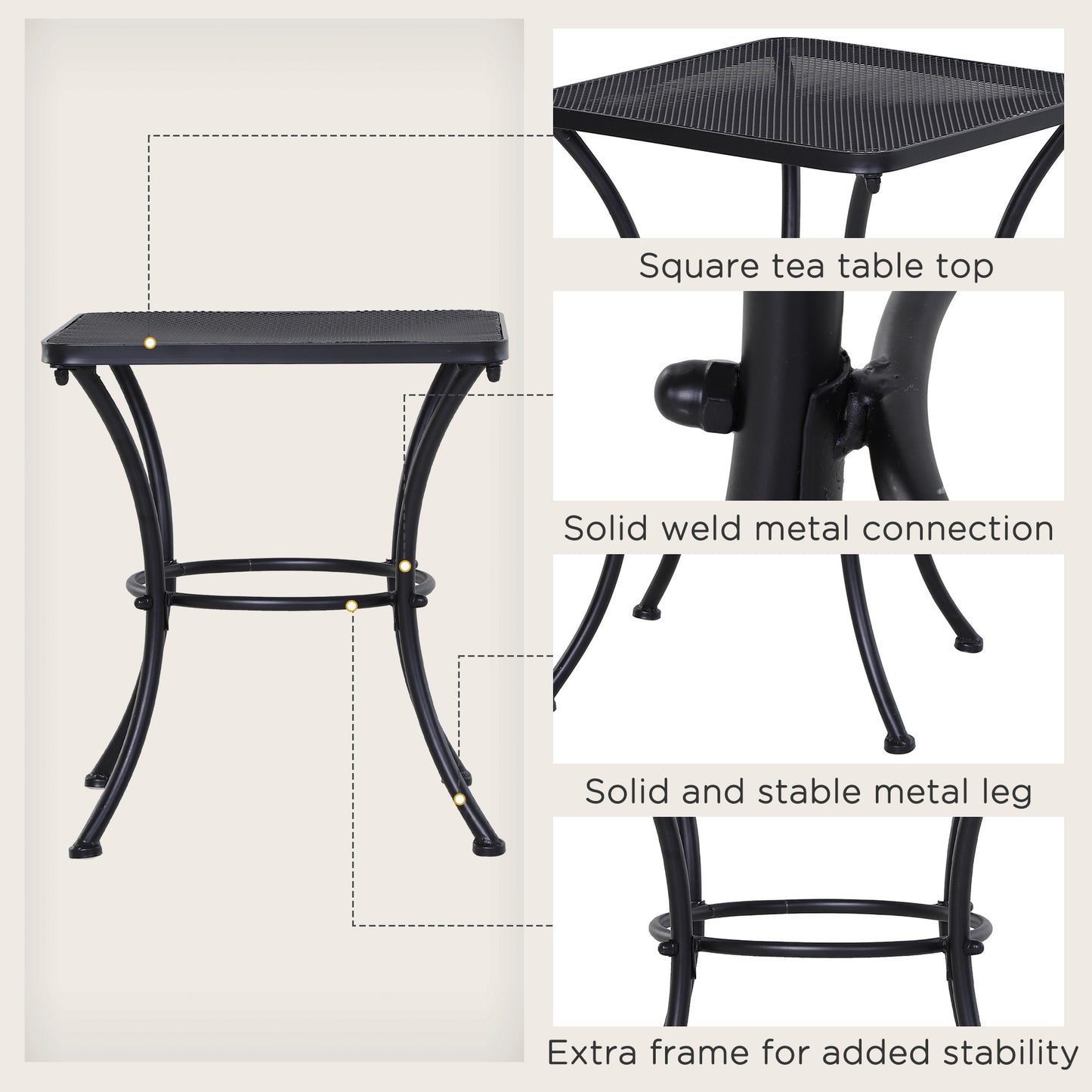 Square Outdoor Side Table, Metal Outdoor Patio Table, Garden Coffee Side Bistro Tables with Mesh Grid Top for Balcony, Porch, Backyard, 17.7" x 17.7" x 19.7", Black