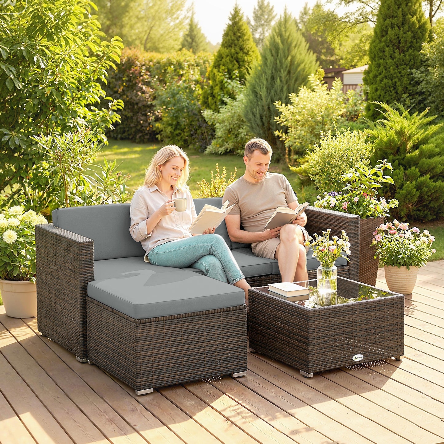 3 Pieces Patio Furniture Set with Cushions, Outdoor PE Rattan Wicker Conversation Corner Sofa Set with Glass Top Table