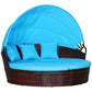 4 Pieces Outdoor Daybed with Retractable Canopy, Wicker Lounger Bed, Conversation Furniture Set, Dark Blue