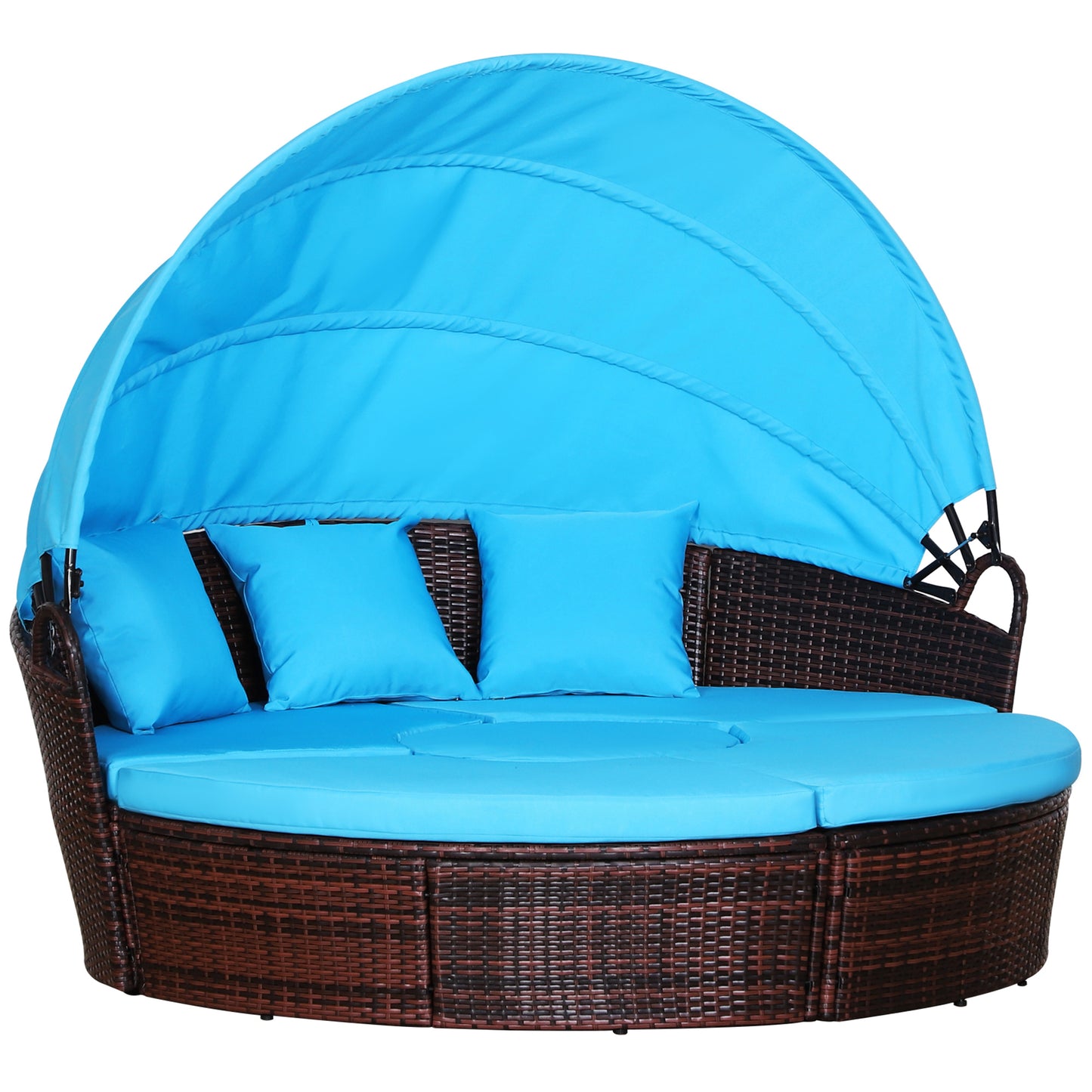 4 Pieces Outdoor Daybed with Retractable Canopy, Wicker Lounger Bed, Conversation Furniture Set, Dark Blue