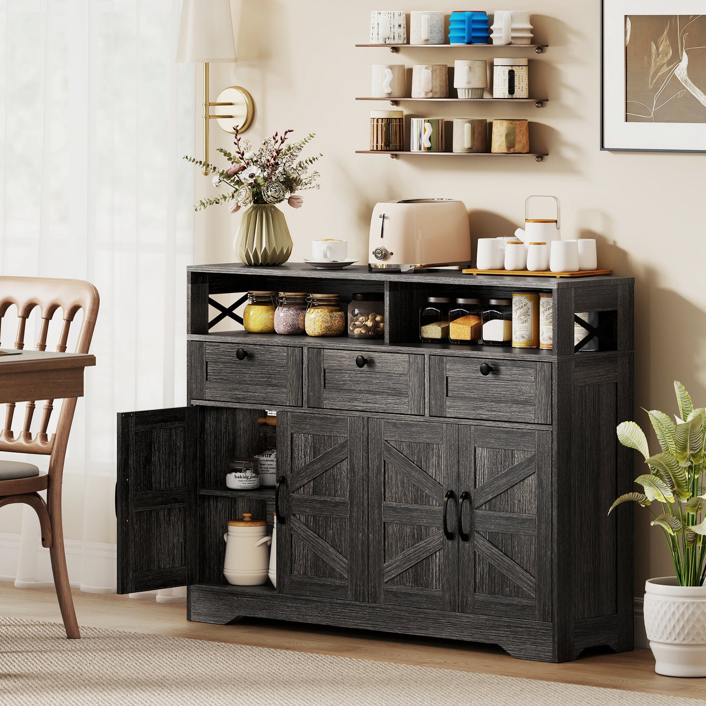 Sideboard, Buffet Cabinet with 4 Barn Doors and 3 Drawers, Coffee Bar Cabinet with Adjustable Shelves, Dark Brown