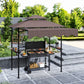 8' x 7.6' Grill Gazebo, Double Tiered Barbecue Grill Gazebo Shelter w/ Side Awning, 2 Side Shelves, 6 Hooks, Brown
