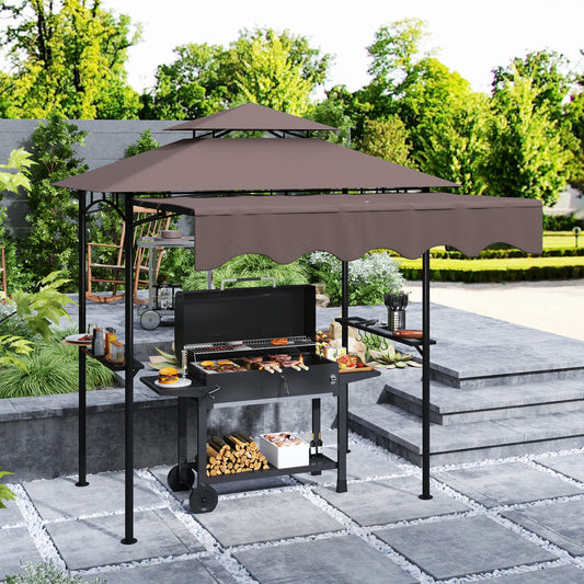 8' x 7.6' Grill Gazebo, Double Tiered Barbecue Grill Gazebo Shelter w/ Side Awning, 2 Side Shelves, 6 Hooks, Brown