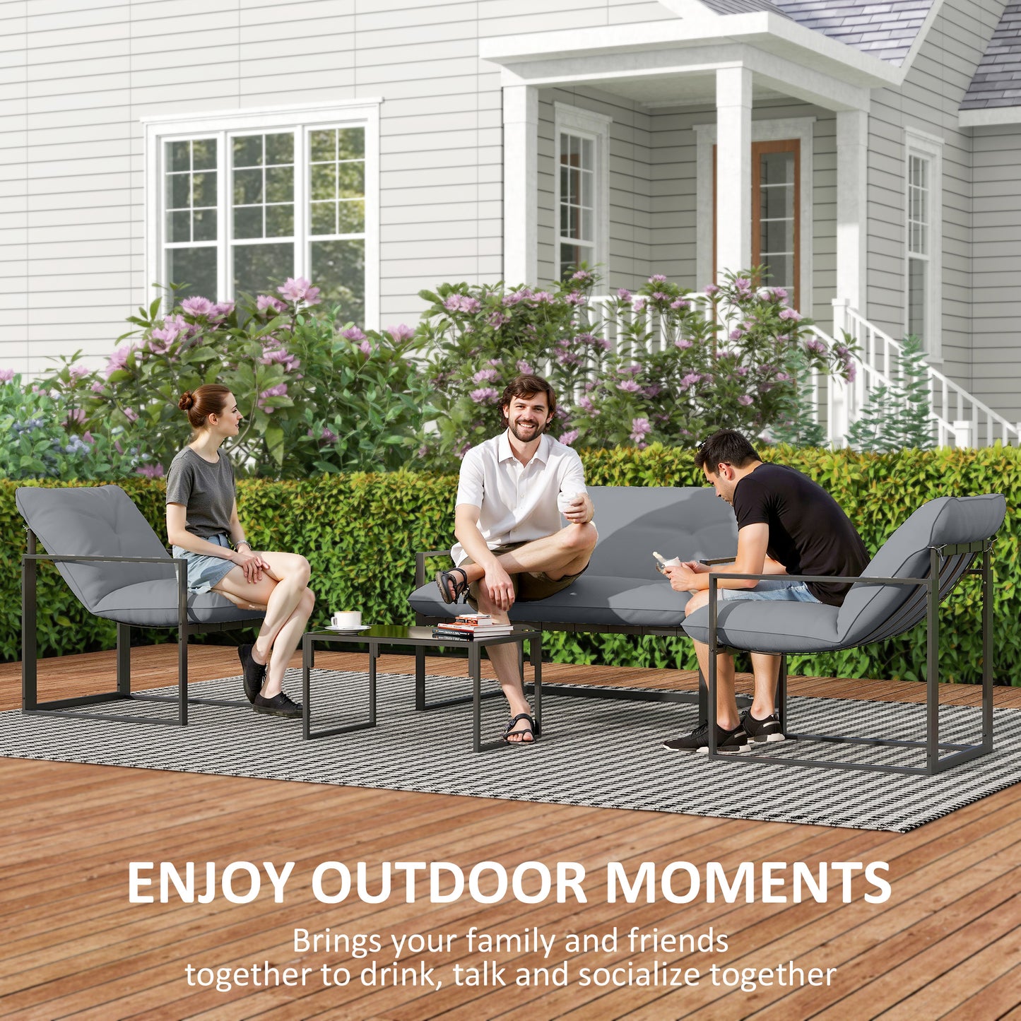 4 Piece Outdoor Furniture Set, Patio Conversation Set with Tempered Glass Table, Loveseat, Chairs, Cushions, Light Grey